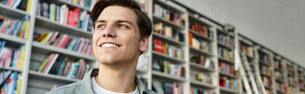 Joyous young student at library, back to school. Joyous young student at library, back to school.