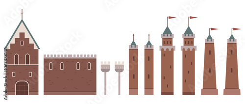 A simplistic depiction of a medieval European castle featuring various towers with colorful flags on the turrets. Ideal for historical, architectural, educational, fantasy, tourism themes. Calming