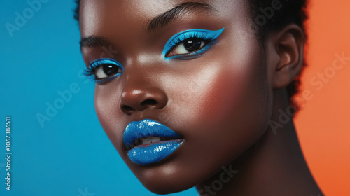 Vibrant look with bold blue mascara and lipstick on model for fashion photography