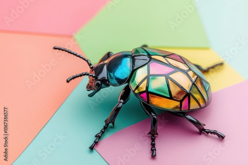 Macro shot of a beetle's iridescent shell with geometric shapes in vivid colors, Beetle shell with geometric pattern macro, Bright and textured photo