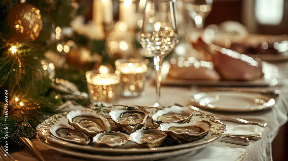 Naklejka premium Luxurious holiday dinner spread with elegant table setting for a sophisticated dining experience