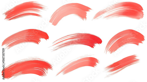 Collection of red brush strokes in various shapes and textures, each isolated on a white background, showcasing both smooth and rough textures, capturing a vibrant, artistic style in a bold color.