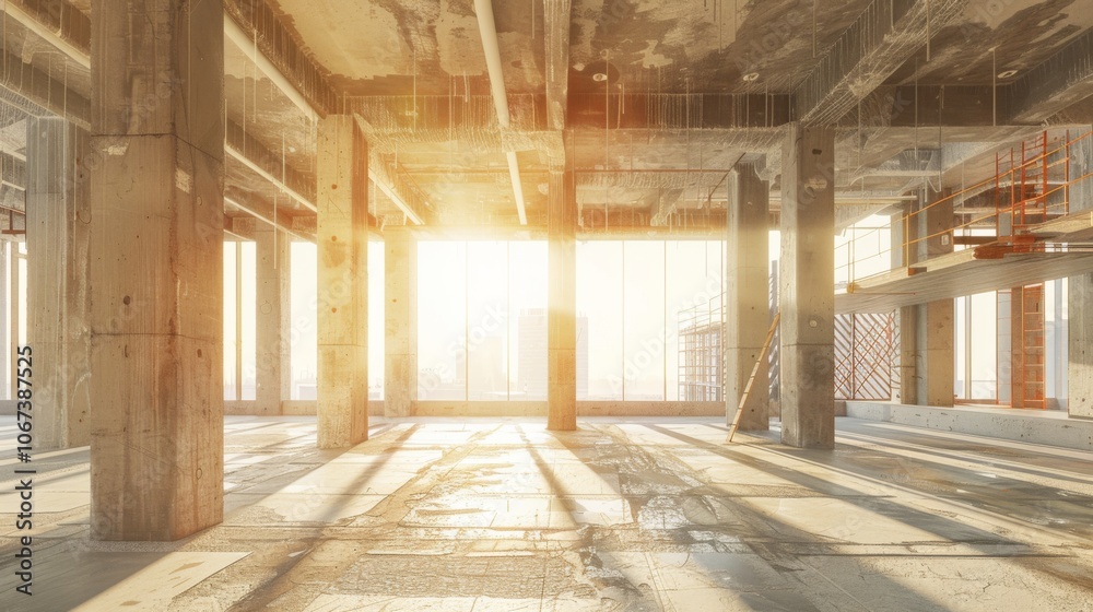 Construction Site Interior with Sunlight and Cityscape View Construction Site Interior with Sunlight and Cityscape View