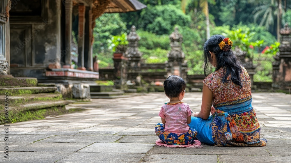 Fototapeta premium A Bond as Strong as the Islands:An Indonesian Mother and Child Share a Heartfelt Moment.Concept of motherhood,Indonesian Mother's Day,family bond,love,care,Indonesian culture,tradition,and heritage.