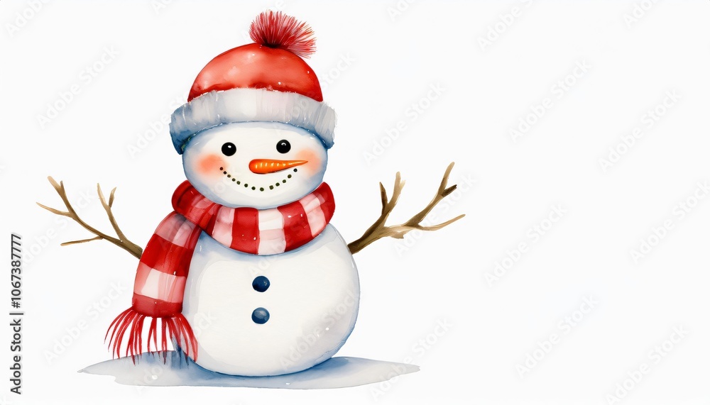 Fototapeta premium Watercolor painting of a cheerful snowman wearing a red hat and scarf, celebrating the winter season