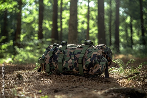 Camouflage Backpack in a Lush Forest Setting: Perfect for Outdoor Adventures