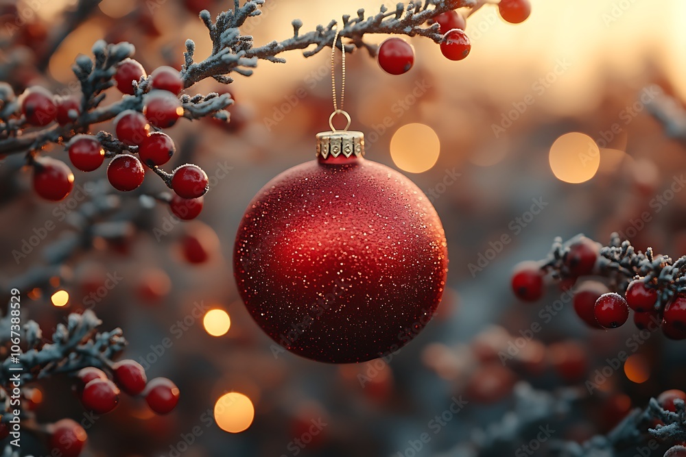 A red Christmas ornament hangs from a snow-dusted branch. A red Christmas ornament hangs from a snow-dusted branch.