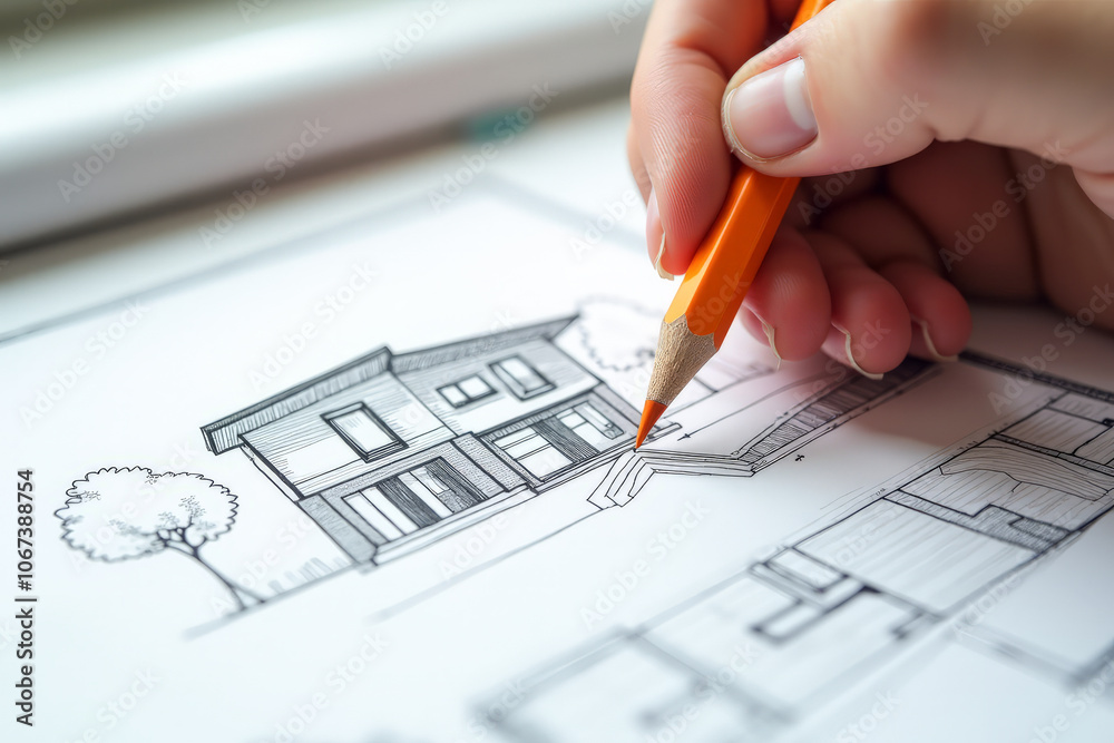 The hand of a male architect designer draws a private house project