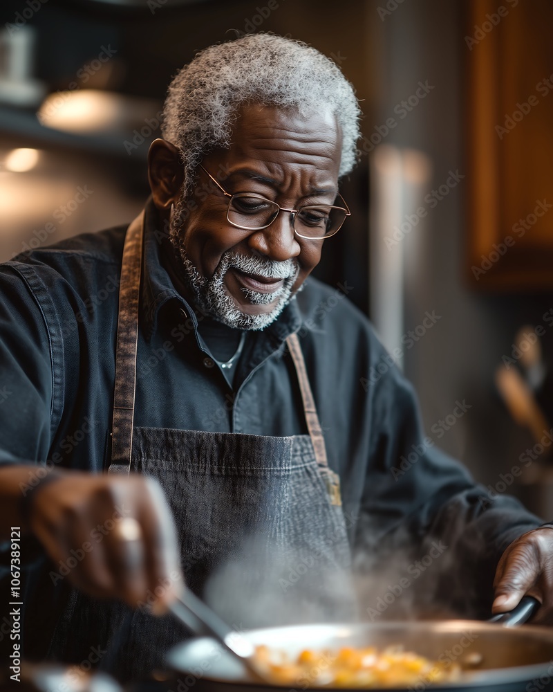 Black Senior Citizen Cooking Delicious Meals in a Bright Kitchen Setting, Perfect for Culinary Promotions and Lifestyle Articles Black Senior Citizen Cooking Delicious Meals in a Bright Kitchen Setting, Perfect for Culinary Promotions and Lifestyle Articles