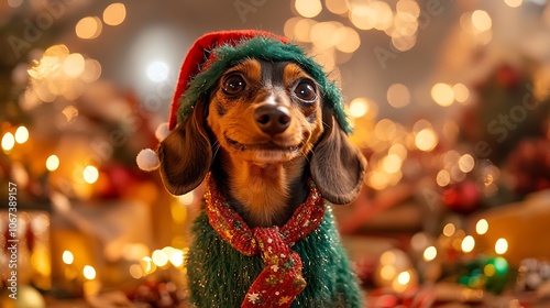 Cheerful Dachshund in Christmas Elf Costume