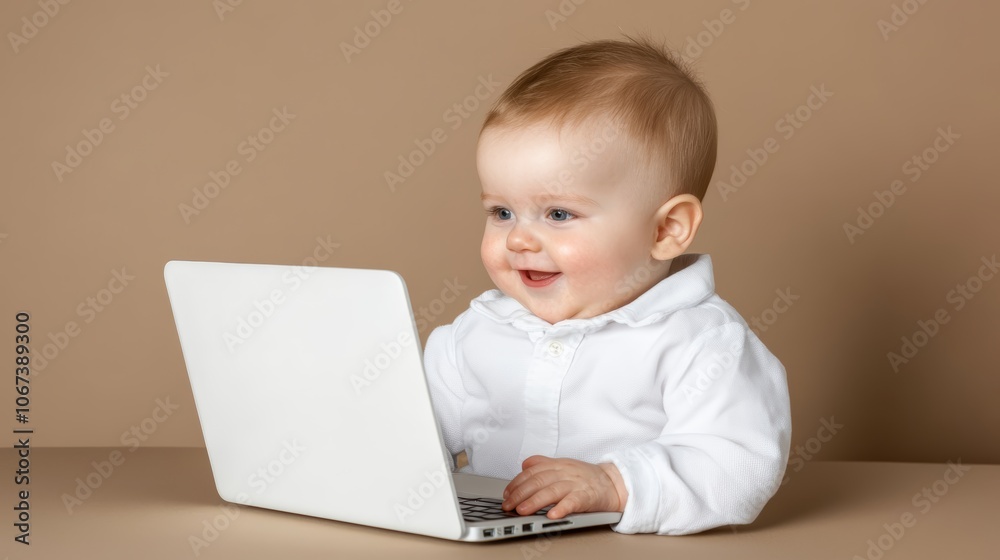 Baby's first tech adventure, a heartwarming image of curious infant discovering the world of computers and online learning. Baby's first tech adventure, a heartwarming image of curious infant discovering the world of computers and online learning.