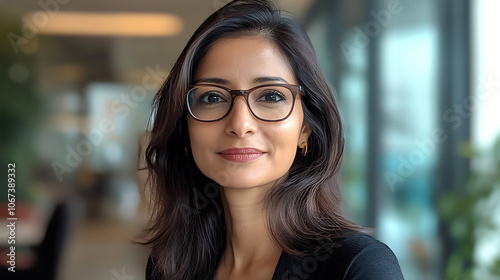 A woman wearing glasses and a black dress