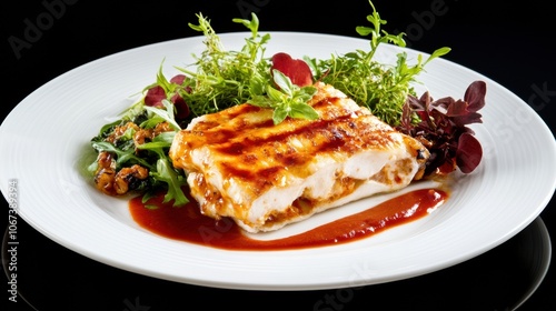 Grilled chicken breast with fresh greens and a tangy sauce on a white plate, AI