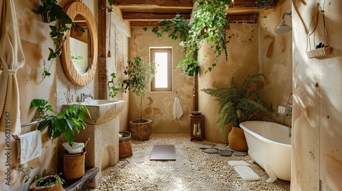 Fototapeta Naklejka Na Ścianę i Meble -  A bathroom with natural materials, pebbles on the floor 