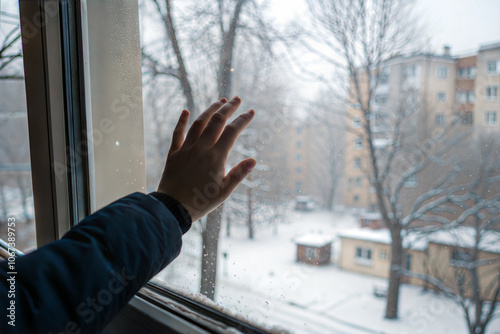 A gentle touch on a foggy window amidst a serene winter morning photo