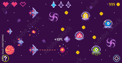 Spaceships battle alien creatures in deep space with stars, planets, and swirling galaxies. Ideal for video games, retro themes, sci-fi, pixel art, and digital entertainment. Fun and vibrant