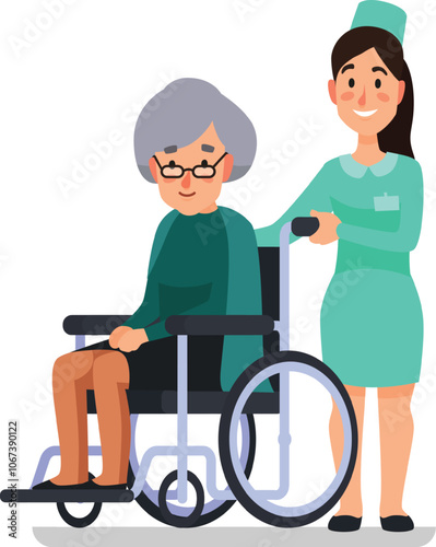 Young nurse pushing a smiling elderly woman in a wheelchair, providing assistance and care in a healthcare setting, promoting well being and support for senior citizens