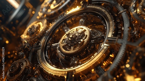 A close-up of intricate golden gears and mechanisms, showcasing detailed craftsmanship.