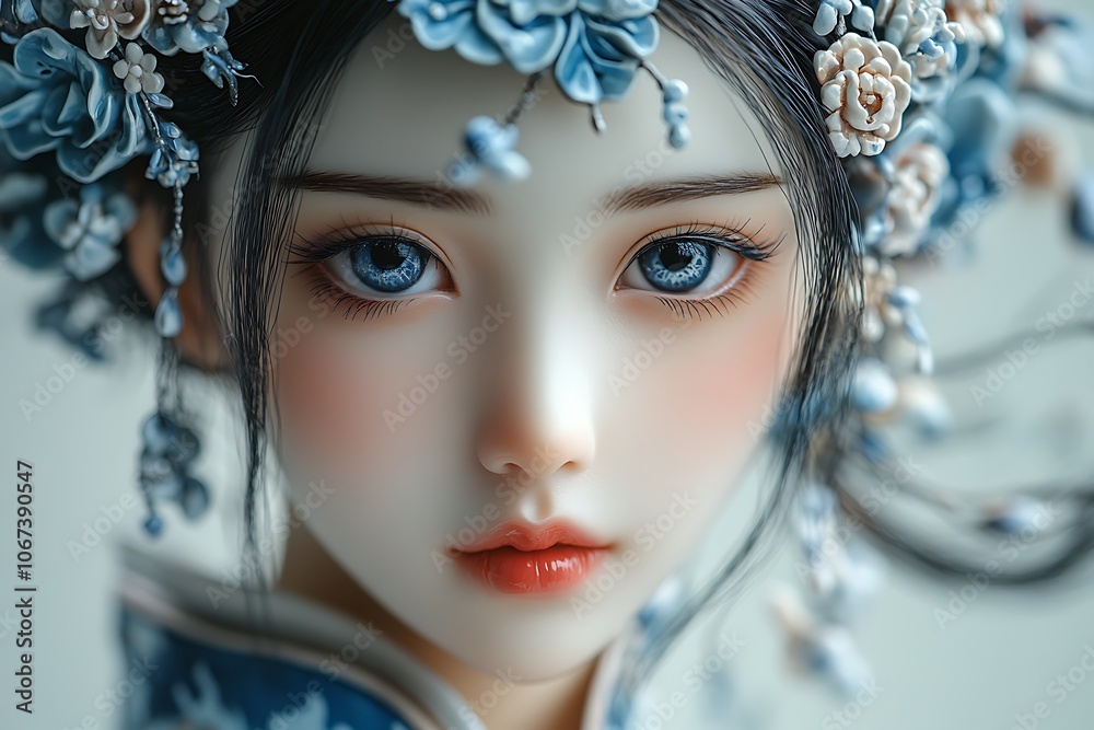 Close-up portrait of a beautiful doll with blue flowers. Close-up portrait of a beautiful doll with blue flowers.