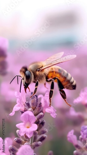 Macro of a honeybee on lavender, showing its wings and pollen on its legs, Honeybee on lavender macro, Natural and detailed photo