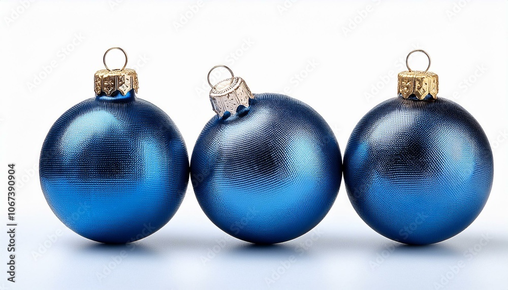 Isolated glossy christmas decoration lined up on white. 3D rendering blue shiny baubles ornaments. Merry Xmas cut out background