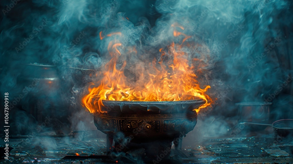 Burning Incense in a Traditional Ritual: A Close-Up View of Smoke and Flames