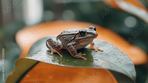 Macro of a small frog on a leaf, focusing on its textured skin and tiny details, Small frog on leaf macro, Natural and detailed photo