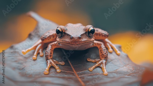 Macro of a small frog on a leaf, focusing on its textured skin and tiny details, Small frog on leaf macro, Natural and detailed photo