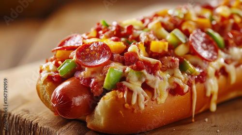 Gourmet hot dog with pizza toppings - unique fusion food for culinary inspiration