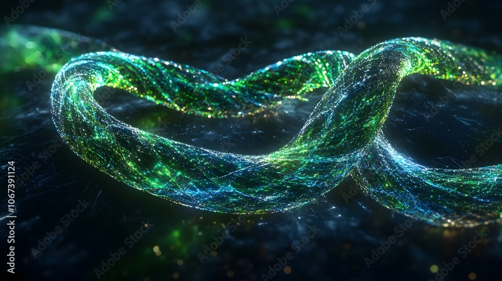 Digital abstract art of twisted green and blue lines forming an infinite recycling symbol, suggesting the concept of endless resource circulation, 4k resolution