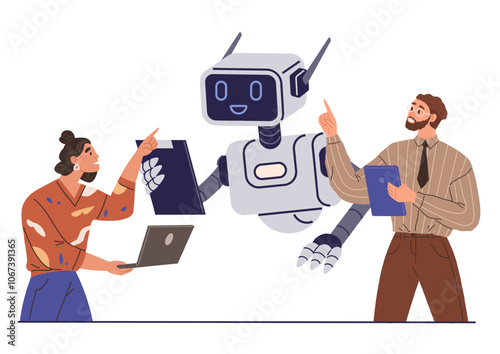 A robot interacts with two people holding devices and pointing. Ideal for teamwork technology collaboration innovation workplace automation AI futuristic business digital solutions human-robot