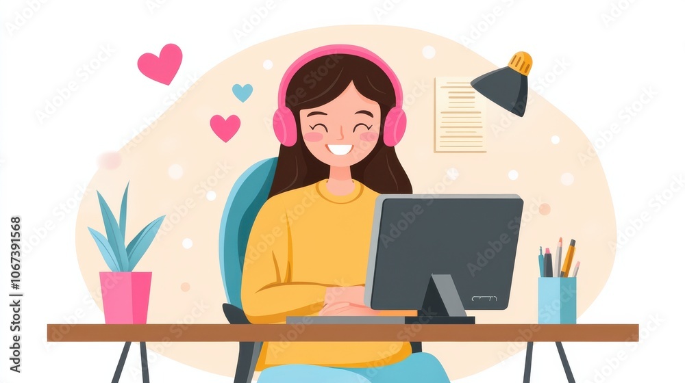 Engaging in remote work a happy woman enjoys her time at the computer with headphones Engaging in remote work a happy woman enjoys her time at the computer with headphones