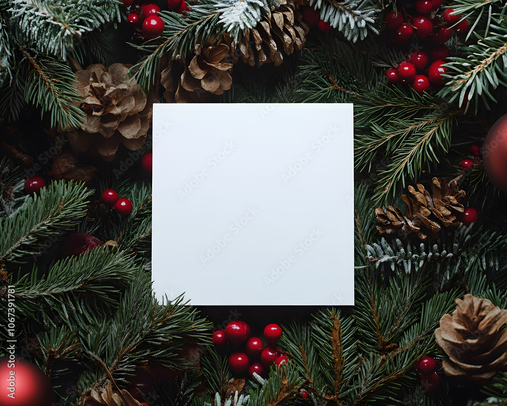 Christmas and New Year's card in a Christmas tree branch with Christmas decorations. Winter background with white paper for copy space. Minimal natural composition. Christmas and New Year's card in a Christmas tree branch with Christmas decorations. Winter background with white paper for copy space. Minimal natural composition.