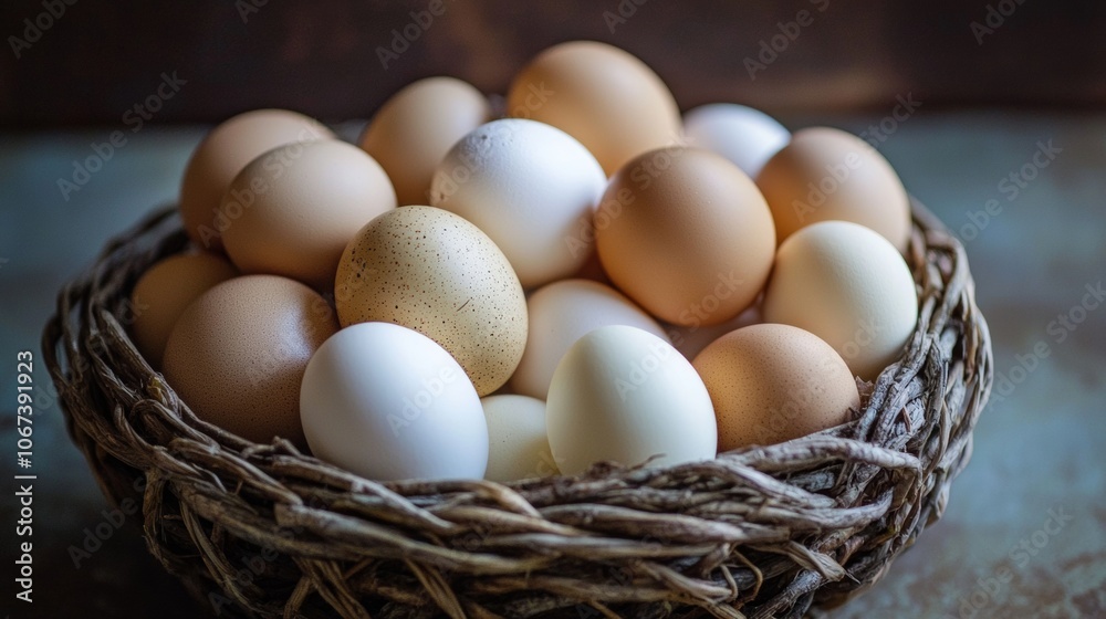 Basket filled with farm-fresh eggs in natural tones Basket filled with farm-fresh eggs in natural tones