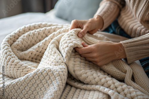 A cozy moment of warmth as hands gently pull a blanket closer during a chilly evening at home