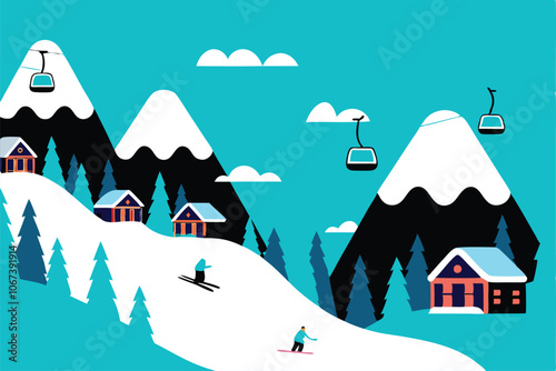 A snowy mountain range with a winding road leading up to the peak, perfect for a winter travel brochure or postcard design.