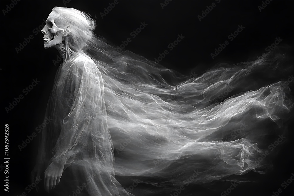 A skeletal figure with flowing ethereal essence against a dark backdrop. A skeletal figure with flowing ethereal essence against a dark backdrop.