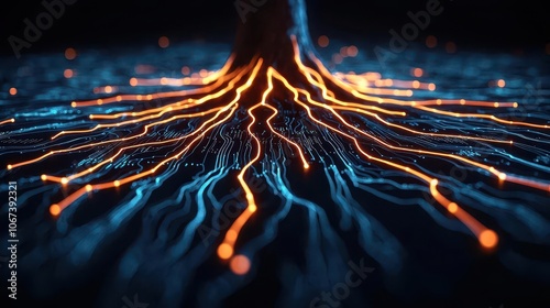 Tree roots glowing in the dark, circuit patterns embedded within, connection between nature and digital networks photo