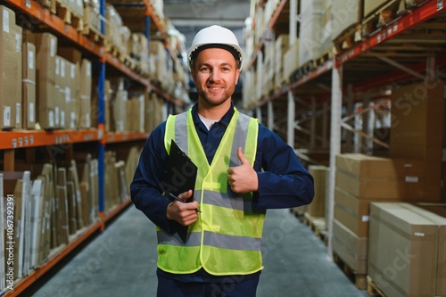 Portrait of a handsome warehouse worker in overalls and a helmet