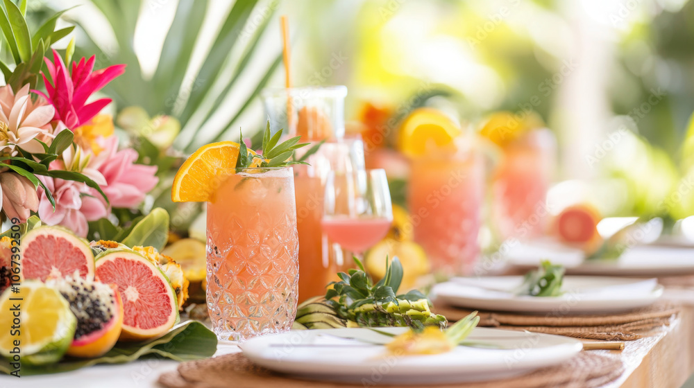 Tropical table setting with exotic drinks and fresh fruits for summer events and parties Tropical table setting with exotic drinks and fresh fruits for summer events and parties