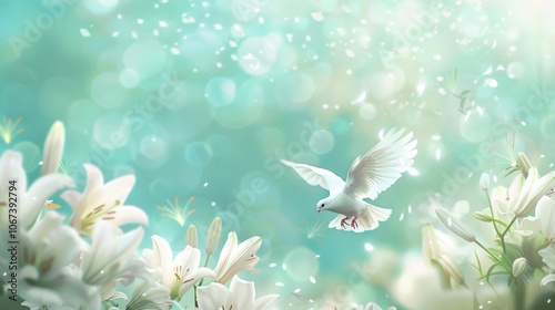 White dove gracefully soars through a vibrant sky, surrounded by blooming flowers and soft sunlight. the scene evokes themes of peace, renewal, and natural beauty, the serene essence of spring.