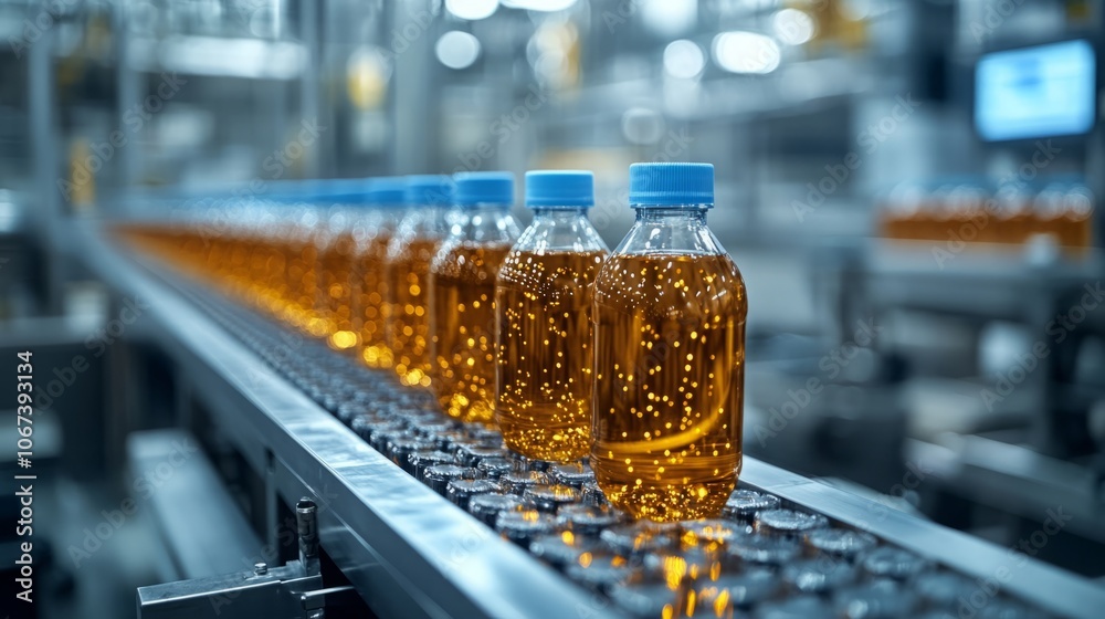 High-Tech Milk Production Line with Bottles on Conveyor System - Emphasizing Modern Sanitation Standards and Streamlined Dairy Manufacturing Processes