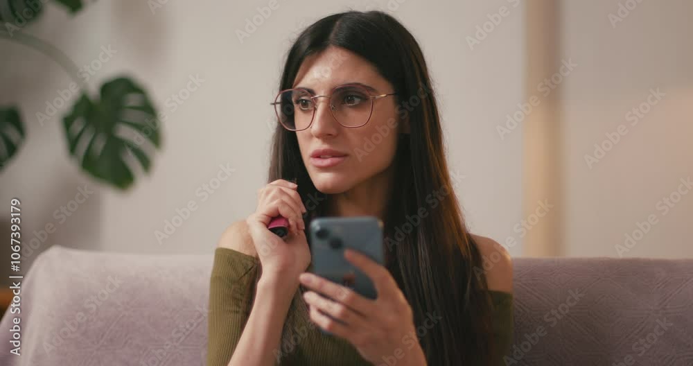 Young woman texts on smartphone smoking electronic cigarette Young woman texts on smartphone smoking electronic cigarette