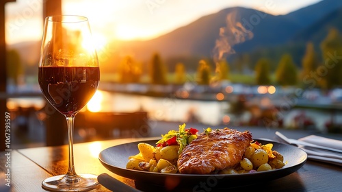 Schnitzel with potato salad, Rhine Valley vineyard setting