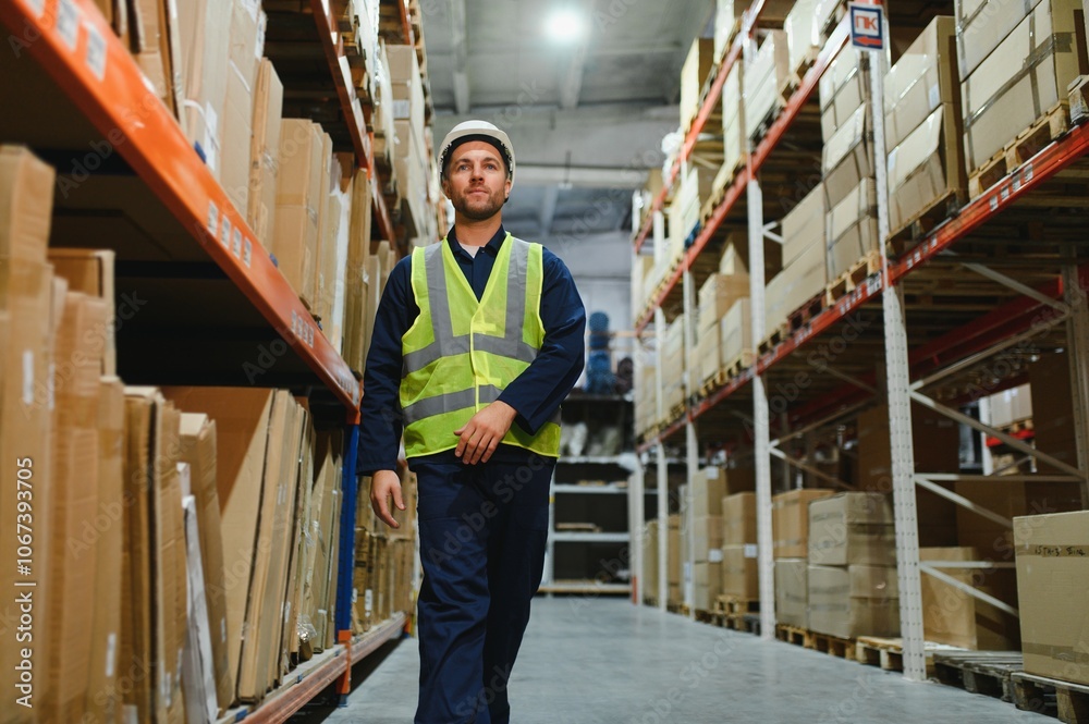 Shipment manager verifying all merchandise pallets in depot, providing merchandise distribution for retail store. Employee walking around boxes of manufactured products, dispatch notes Shipment manager verifying all merchandise pallets in depot, providing merchandise distribution for retail store. Employee walking around boxes of manufactured products, dispatch notes