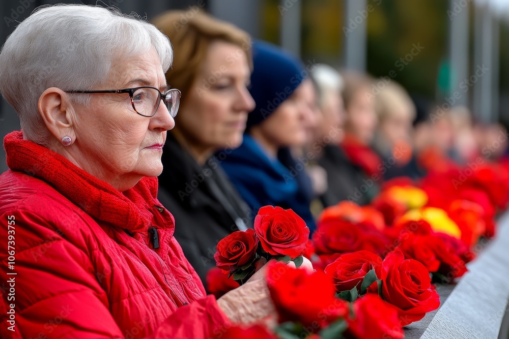 A group of people laying wreaths at a veterans' memorial, with a focus on unity and remembrance