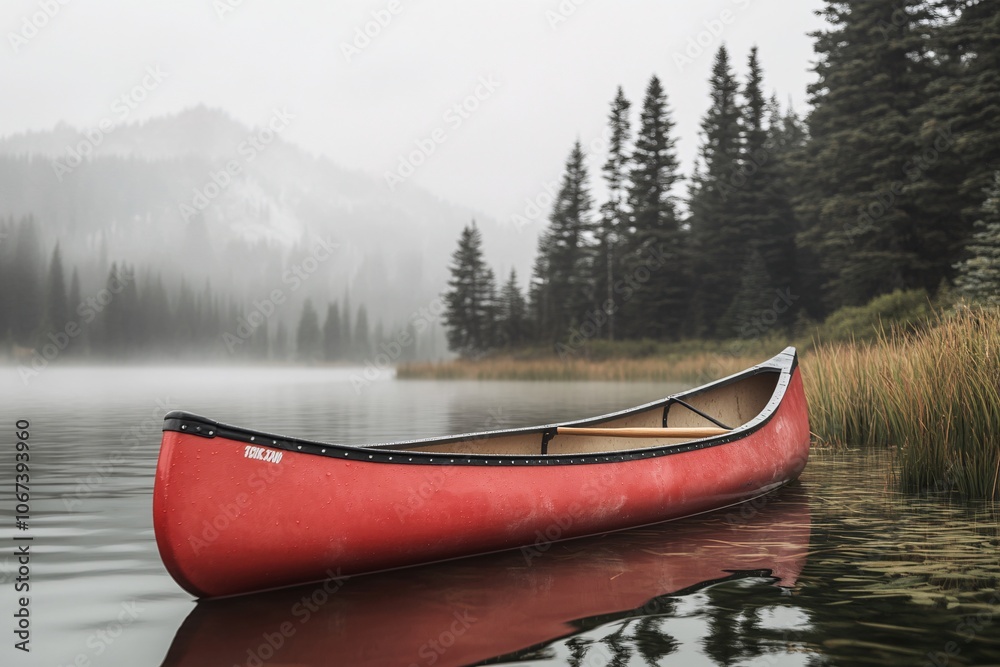 Fototapeta premium Serene Canoe on a Misty Lake Surrounded by Lush Forest