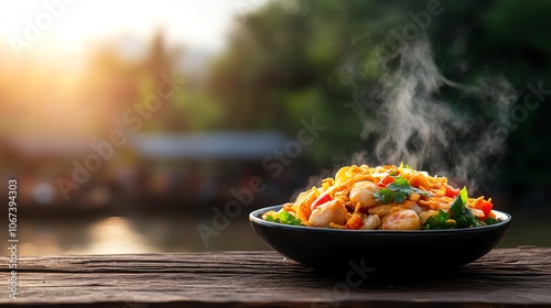 Som tam papaya salad with grilled chicken, backdrop of floating market