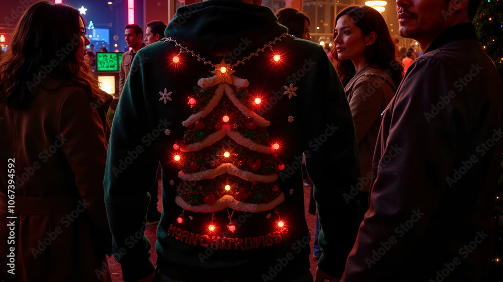 Obraz premium Man with light-up sweater at festive night gathering