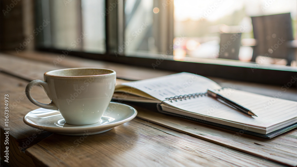 A quiet moment with an empty coffee cup and a notebook on a rustic table in a cozy café during early morning light A quiet moment with an empty coffee cup and a notebook on a rustic table in a cozy café during early morning light